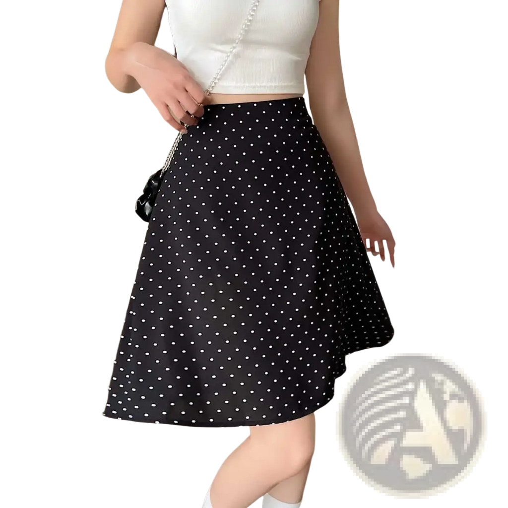 Black a-line midi skirt with white polka dots featuring a classic red polka dot pattern perfect for casual wear