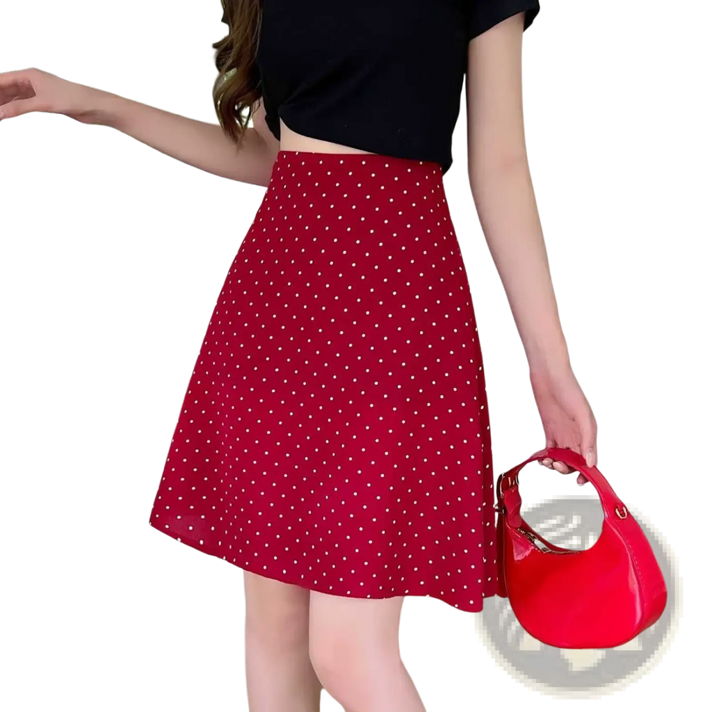 Red polka dot a-line midi skirt featuring white dots and a fitted waist in lightweight fabric for casual wear