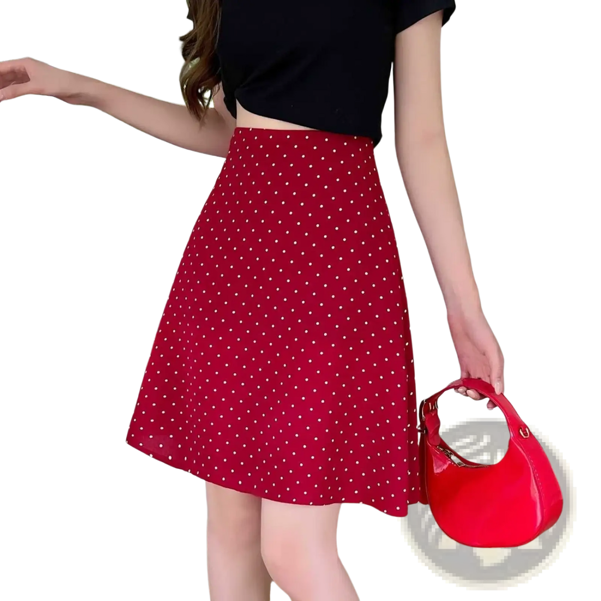 Red polka dot a-line midi skirt featuring white dots and a fitted waist in lightweight fabric for casual wear