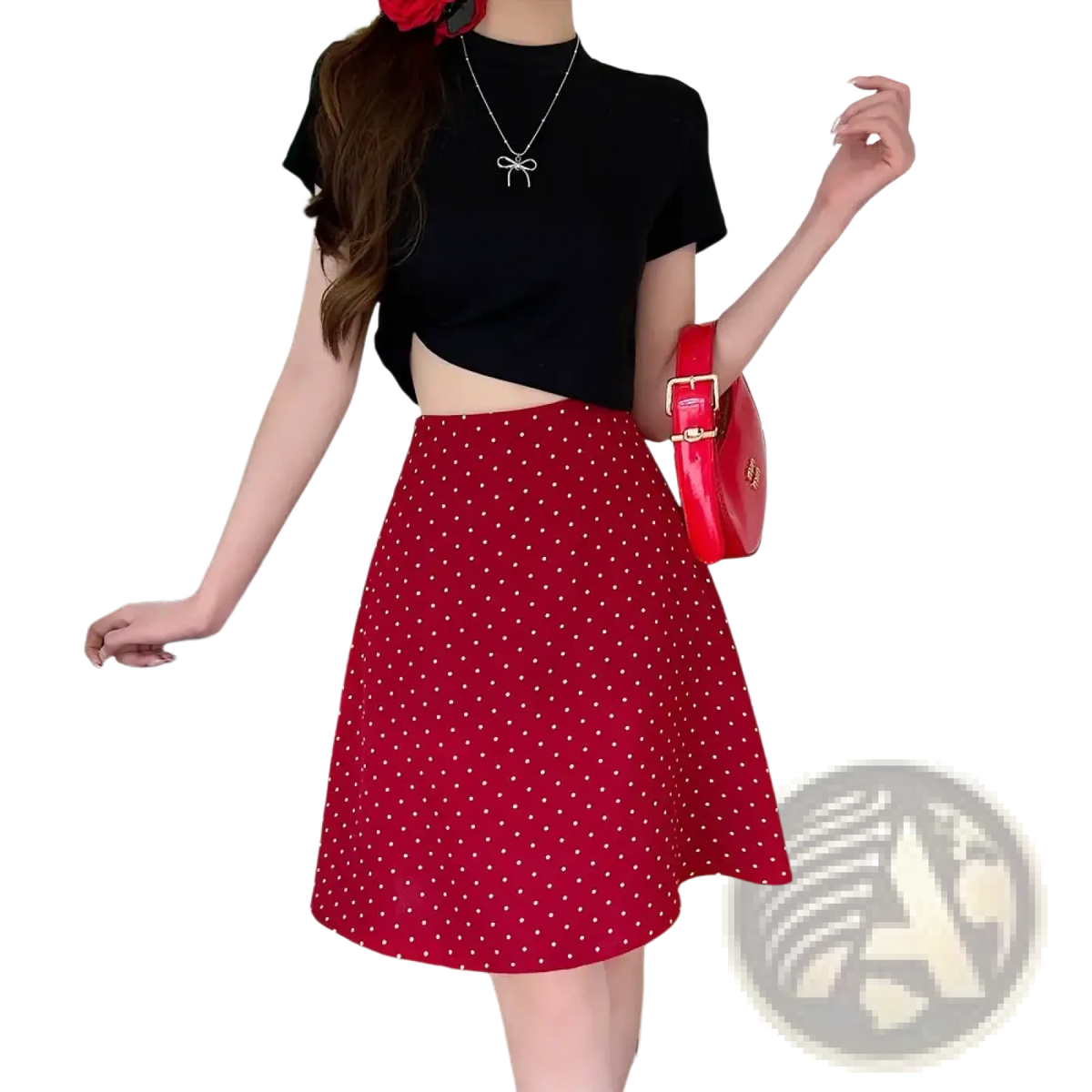 Red polka dot a-line midi skirt featuring white dots in a flowy fabric perfect for casual and semi-formal wear
