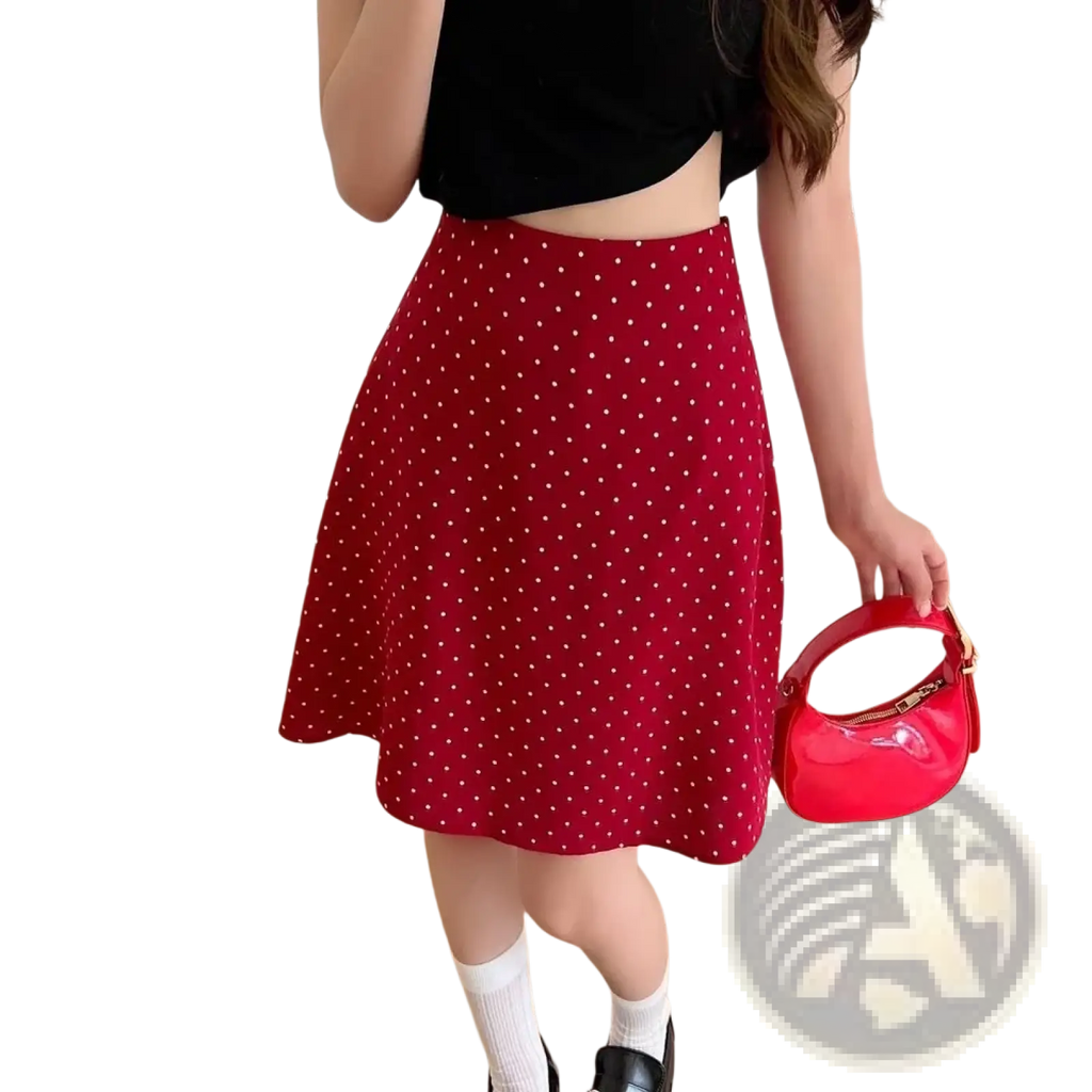 Red polka dot a-line midi skirt with white dots and a flared hem perfect for casual and semi-formal wear
