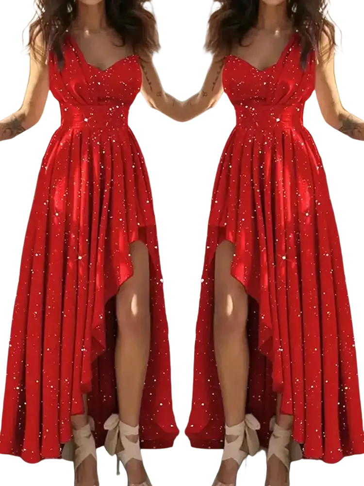 Red sequin v-neck evening gown with shimmering sequins, fitted bodice, and asymmetrical high-low flowing skirt