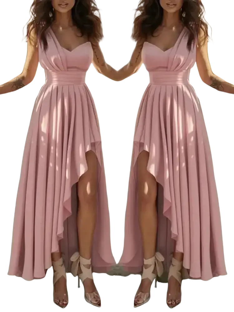 Pink high-low gown with draped bodice and pleated skirt for evening wear in red sequin v-neck style