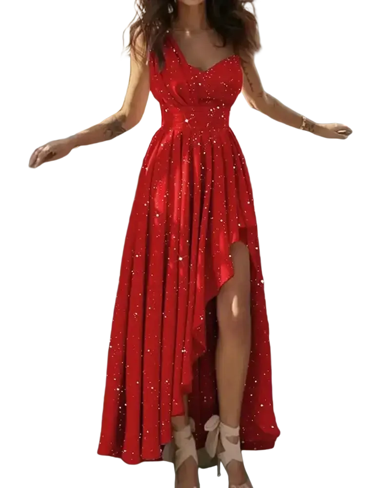 A vibrant red sequin V-neck evening gown with sparkling sequins and a high slit floor-length design