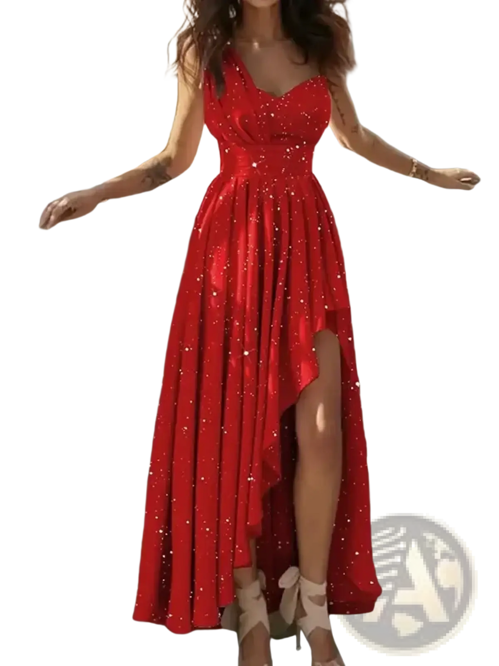 A vibrant red sequin V-neck evening gown with sparkling sequins and a high slit floor-length design