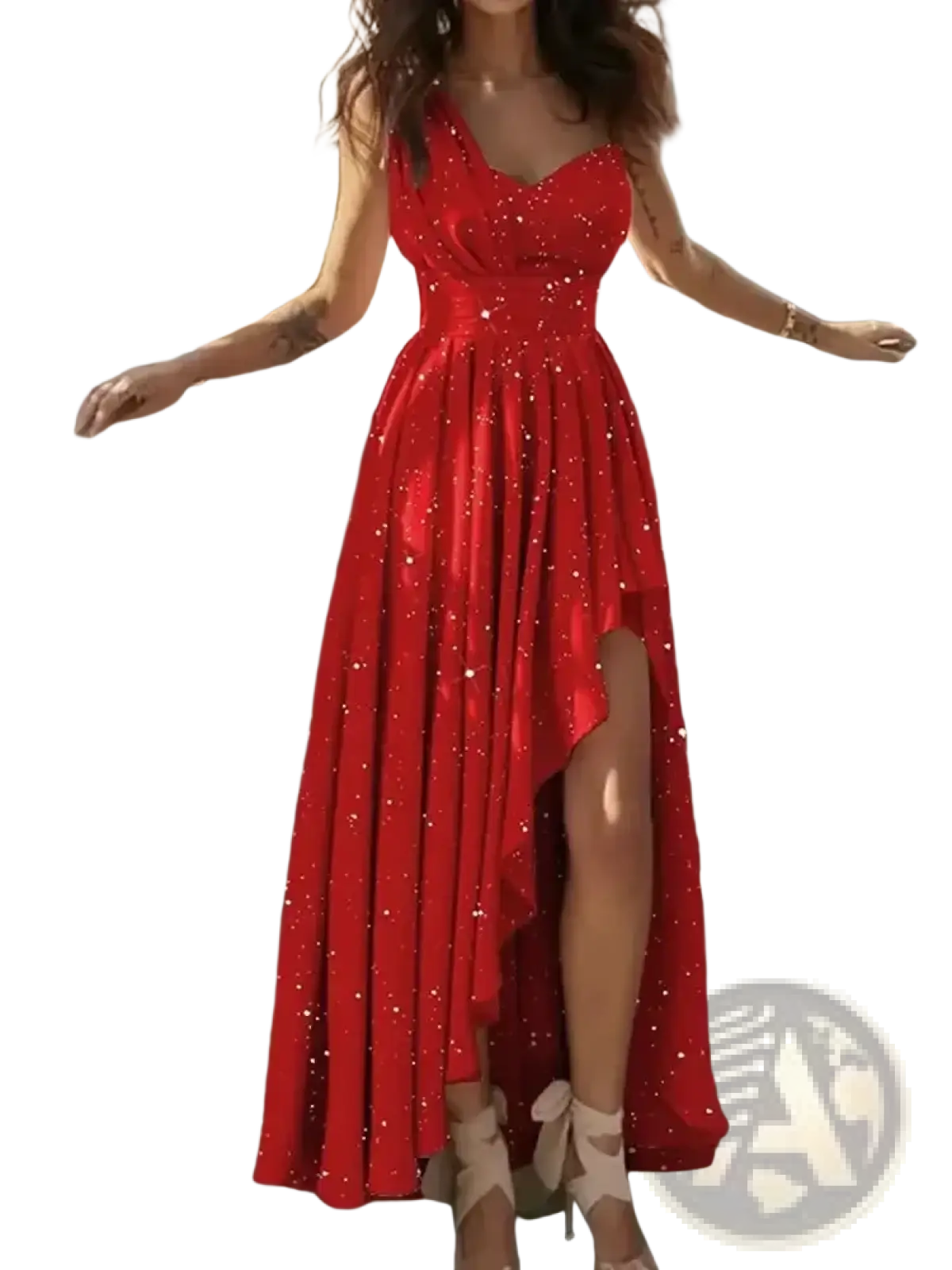 A vibrant red sequin V-neck evening gown with sparkling sequins and a high slit floor-length design