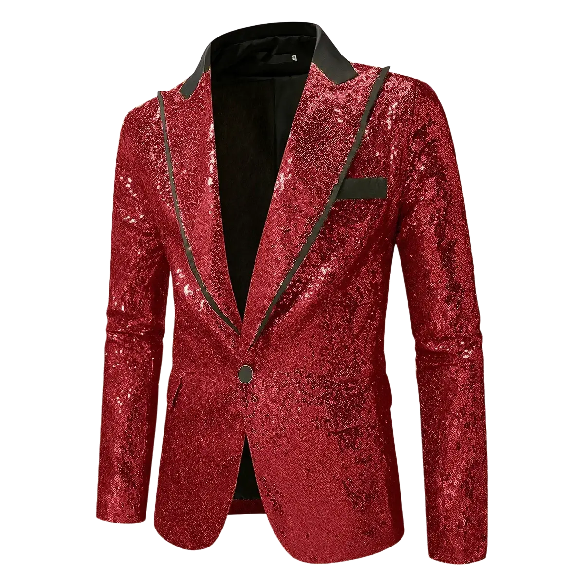 A red sequined men’s party blazer with black satin trim and matching pocket square for formal occasions