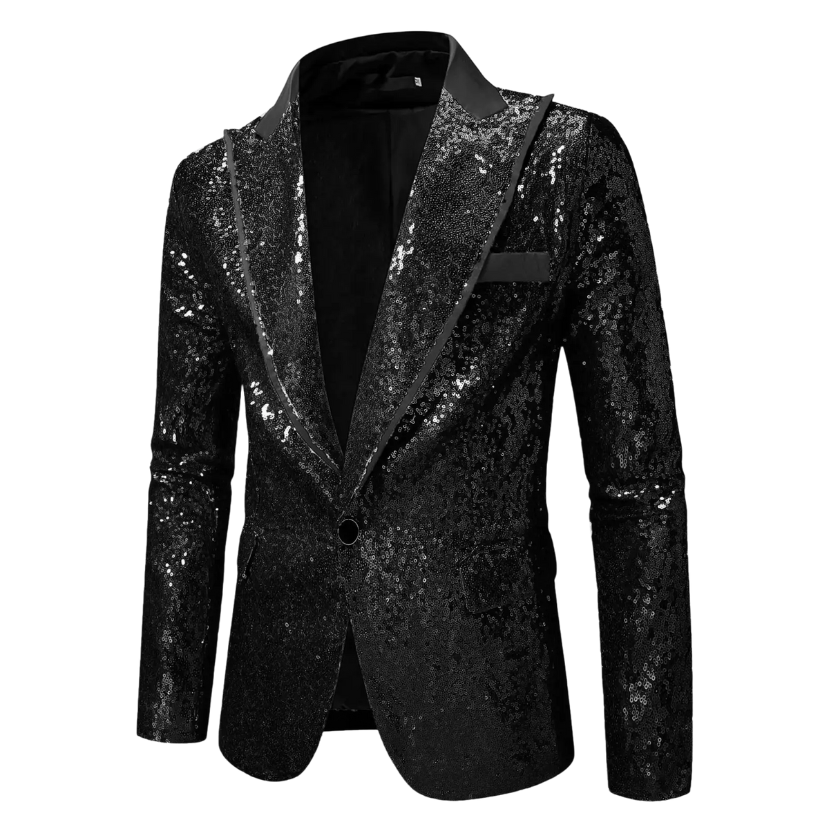 Black sequined men’s party blazer with sleek shiny finish and contrasting black lapels for formal occasions