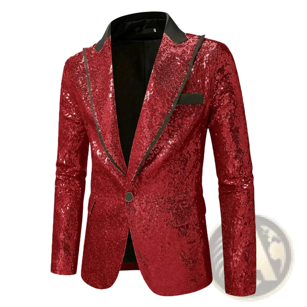 Red sequined men’s party blazer with black trim and single button closure showcasing a shimmering finish