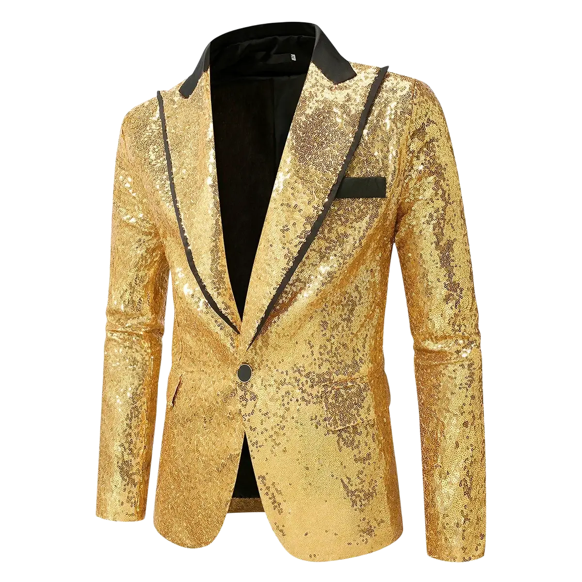 A red sequined men’s party blazer with shimmering gold sequins black satin trim and matching pocket square