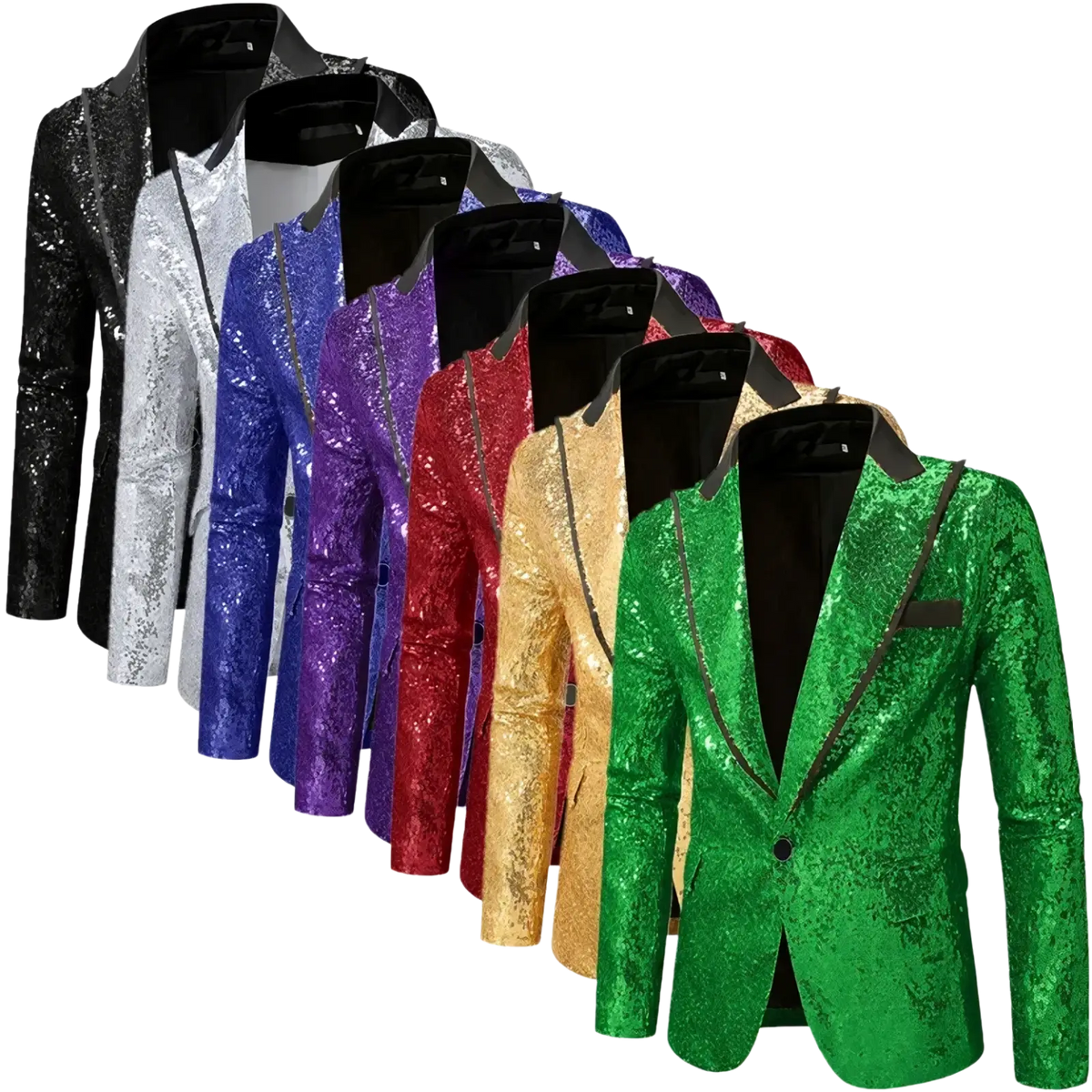 Green sequined men’s party blazer with sleek black lapel and button closure in a dazzling design