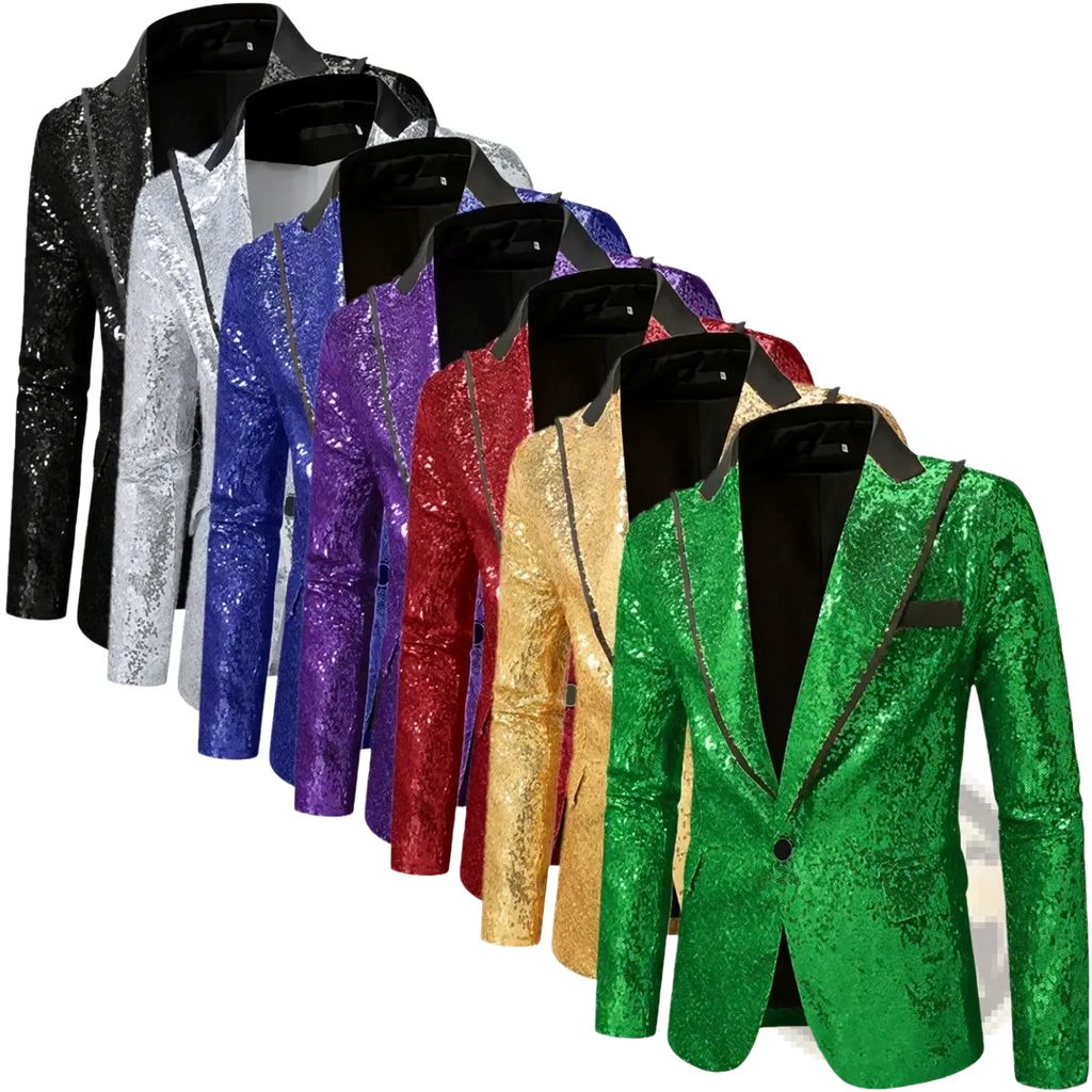 Green sequined men’s party blazer with sleek black lapel and button closure in a dazzling design
