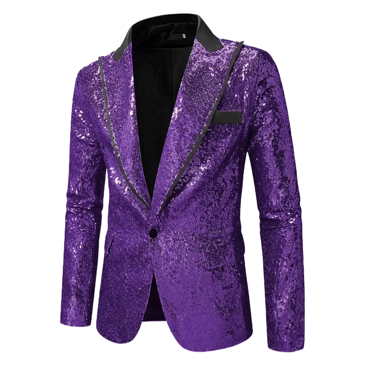 Purple sequined men’s party blazer with black trim and single button closure perfect for festive occasions