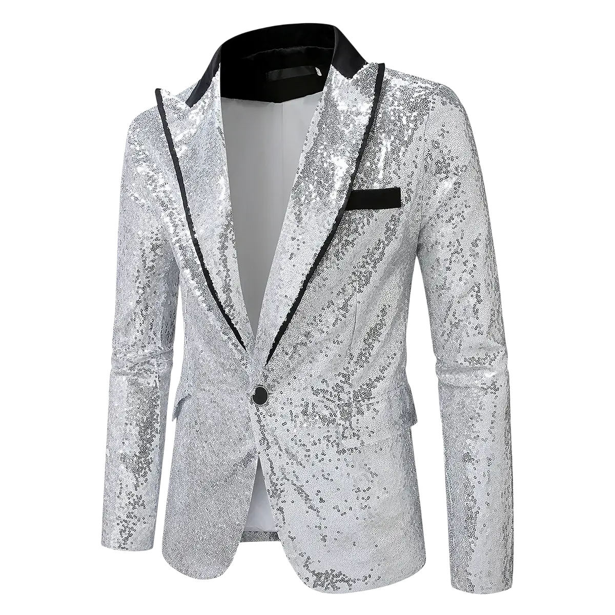 Silver sequined men’s party blazer with black trim and collar for formal and festive occasions