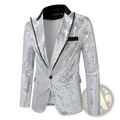 Silver sequined men’s party blazer with black trim and collar for formal and festive occasions