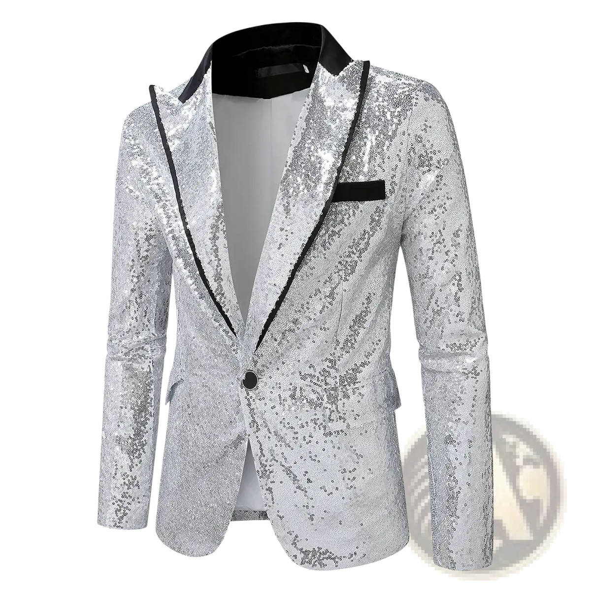 Silver sequined men’s party blazer with black trim and collar for formal and festive occasions