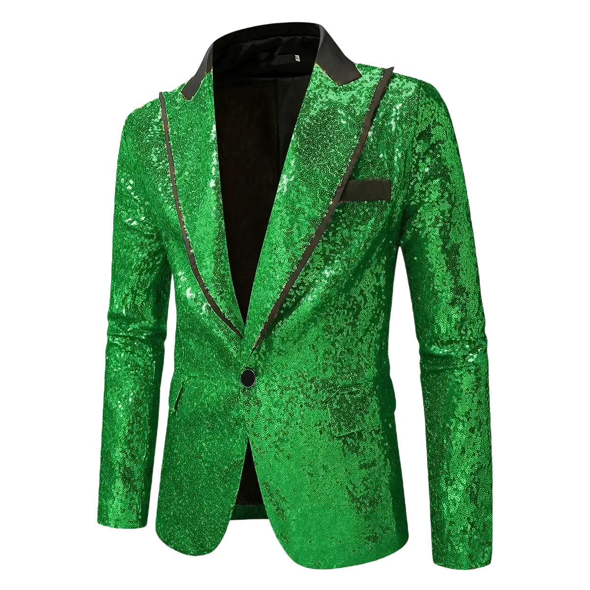 A vibrant green sequined men’s party blazer with black trim and matching pocket square for festive occasions