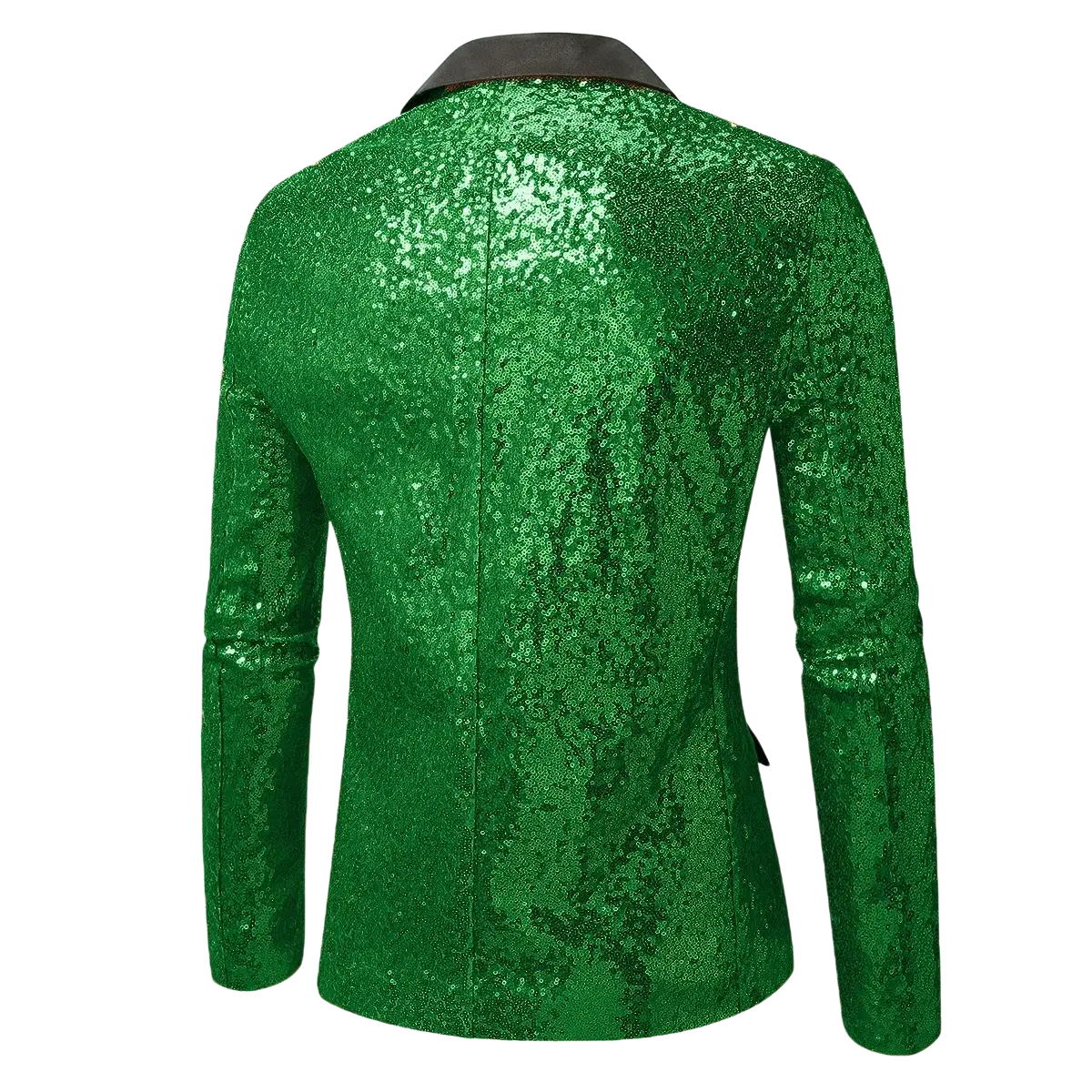 A vibrant green sequined men’s party blazer with a contrasting dark collar for festive occasions