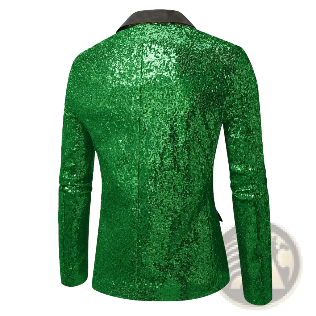 A vibrant green sequined men’s party blazer with a contrasting dark collar for festive occasions