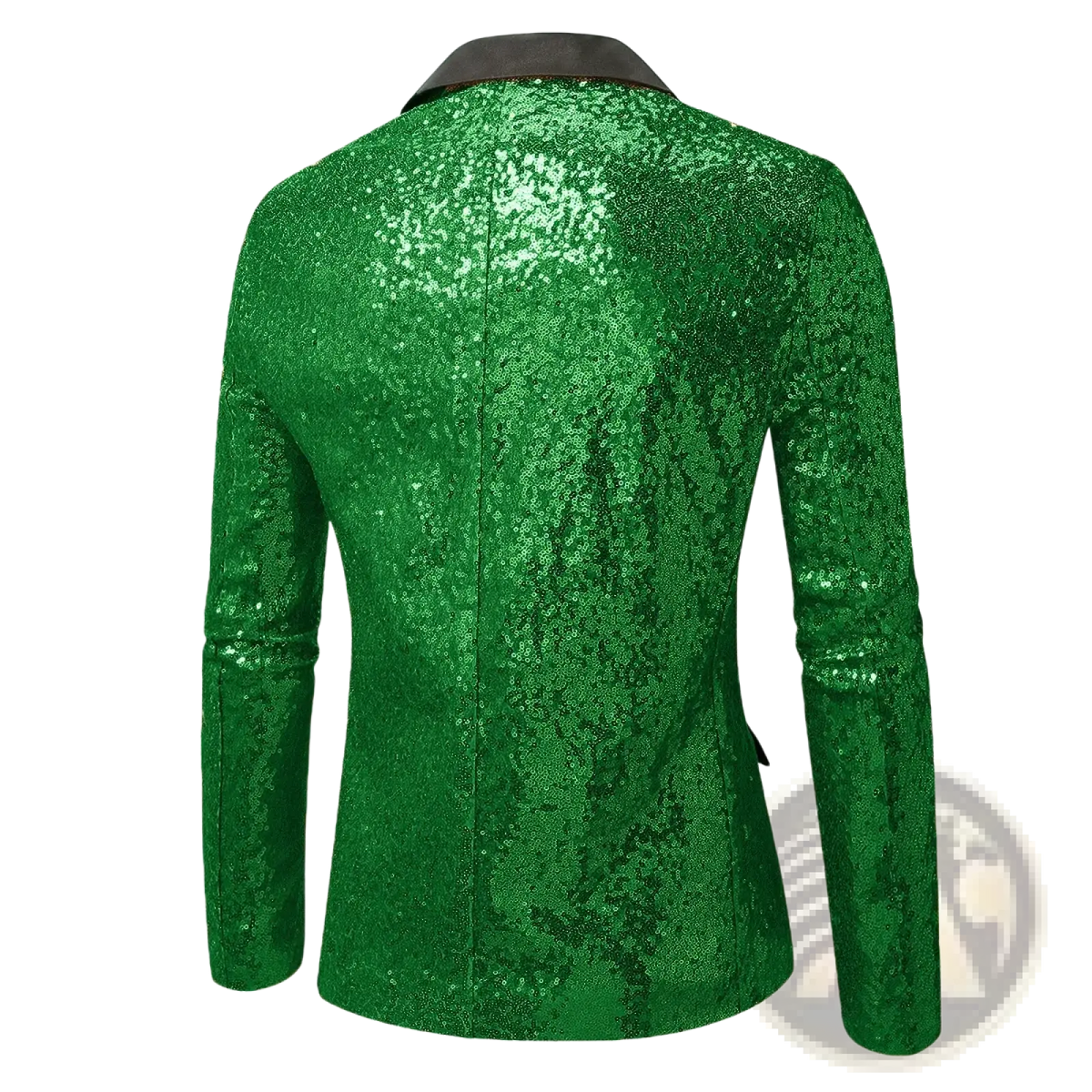 A vibrant green sequined men’s party blazer with a contrasting dark collar for festive occasions