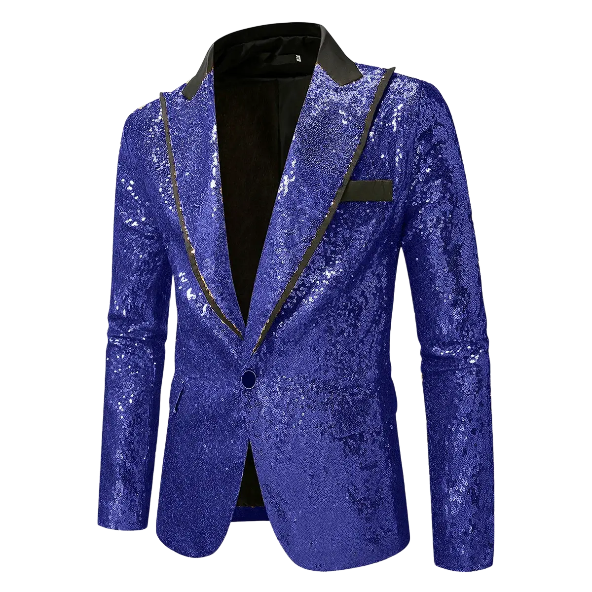 A vibrant royal blue sequined men’s party blazer with black satin lapels and trim for formal occasions