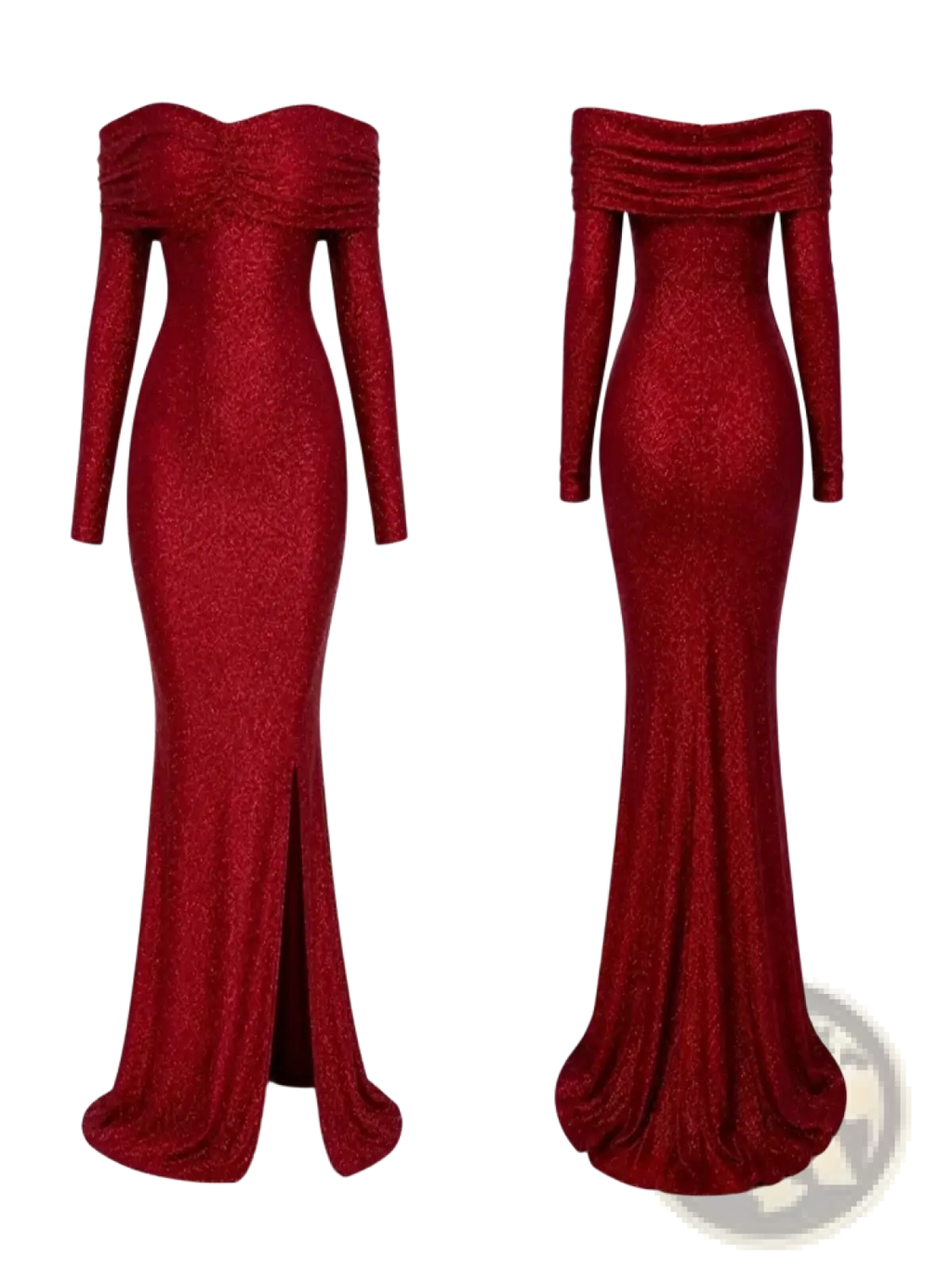 Red off-the-shoulder glitter mermaid gown with long sleeves and high slit in shimmering red fabric