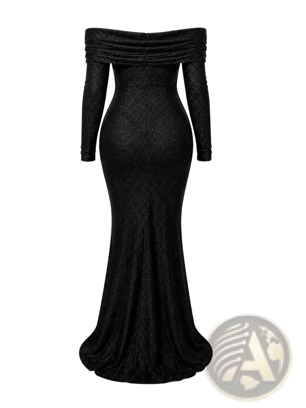 Black off-the-shoulder mermaid gown with long sleeves in textured shimmering fabric contrasting red glitter design