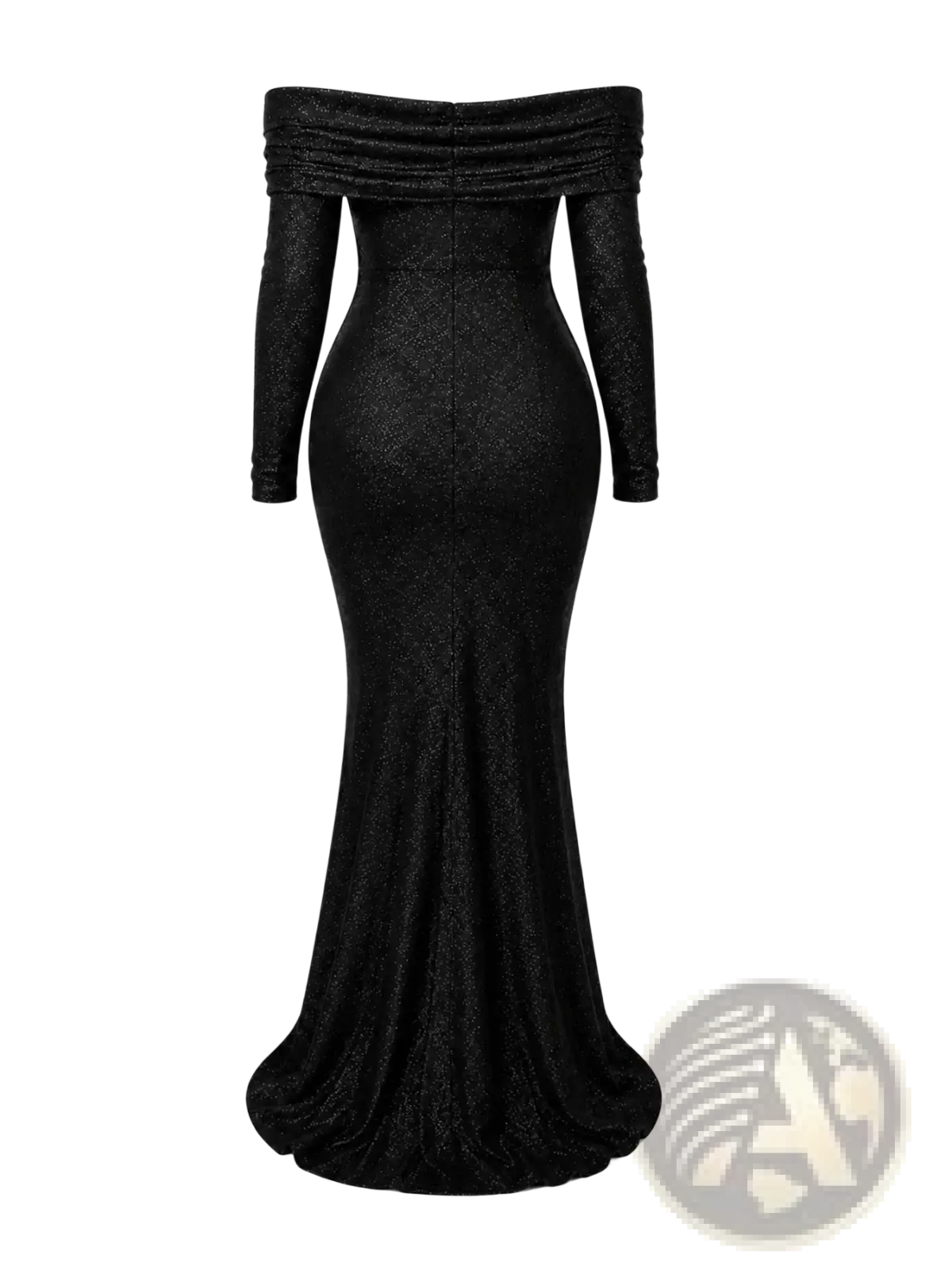 Black off-the-shoulder mermaid gown with long sleeves in textured shimmering fabric contrasting red glitter design