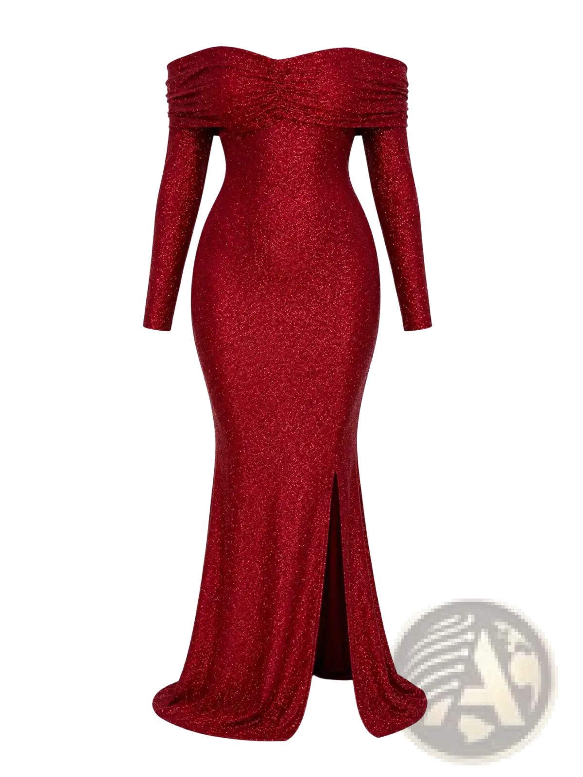 A shimmering red off-the-shoulder glitter mermaid gown with long sleeves and a high slit
