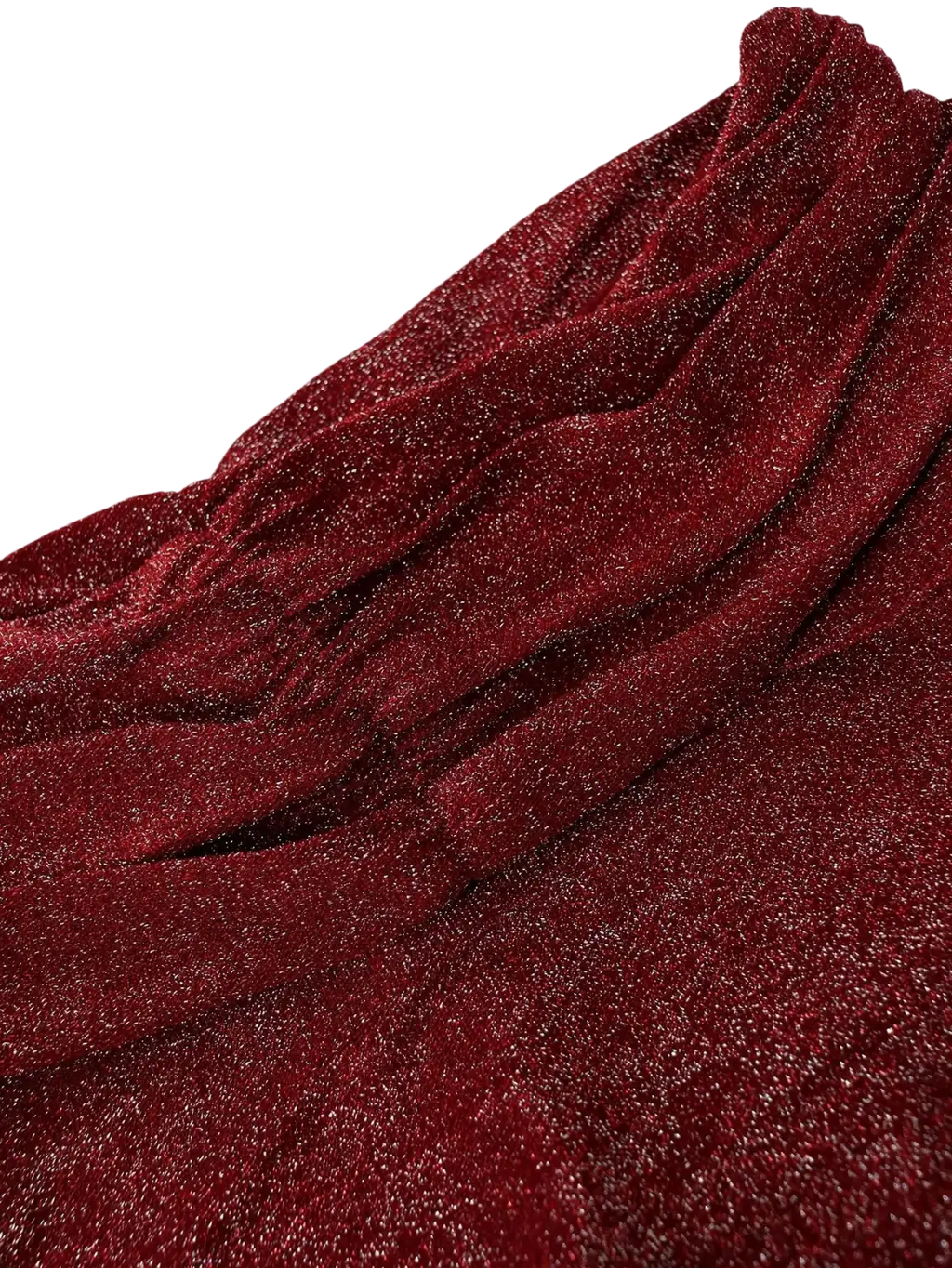 Red off-the-shoulder glitter mermaid gown made of rich deep red shimmering textured fabric