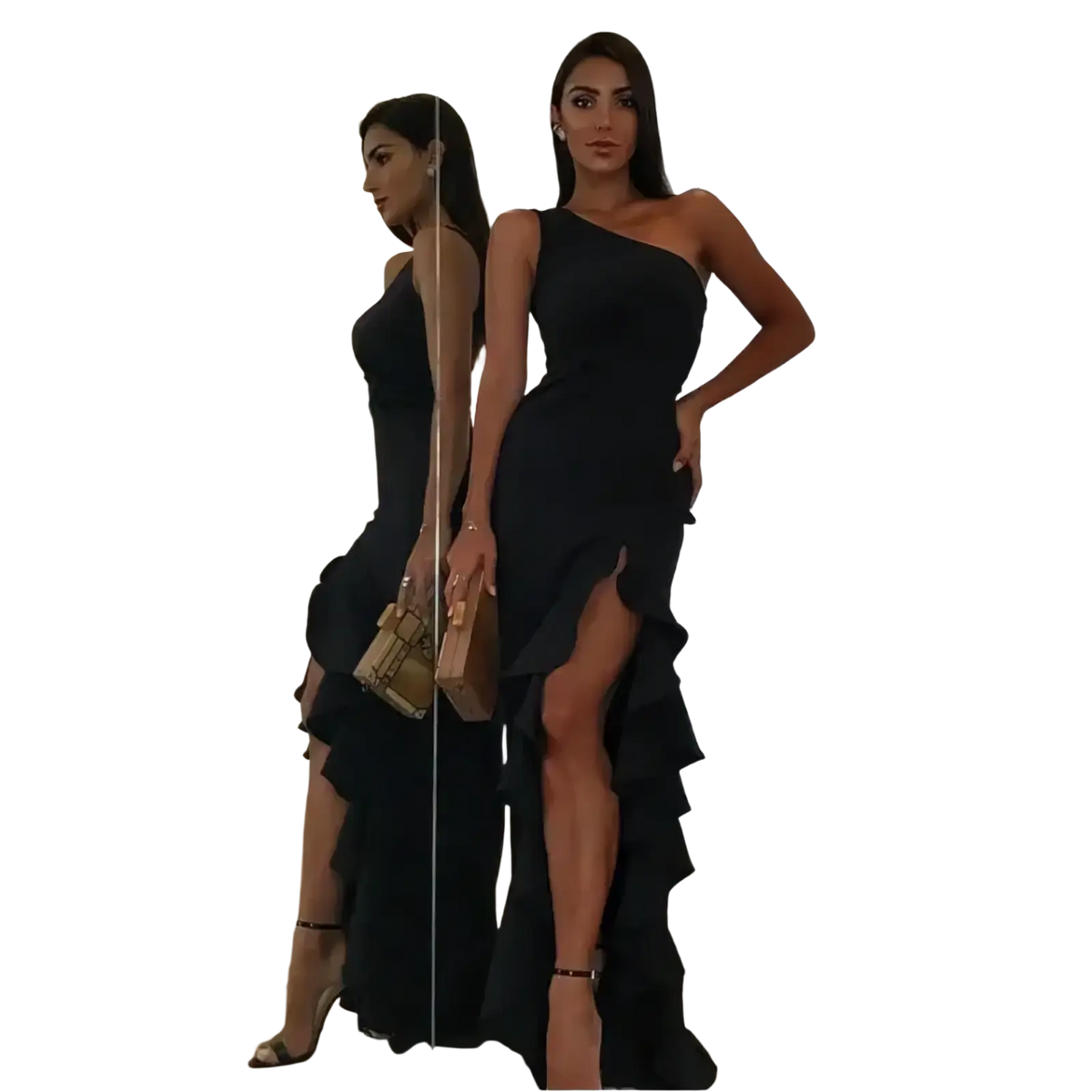 Black one-shoulder evening gown featuring ruffled hem and high slit perfect for formal occasions