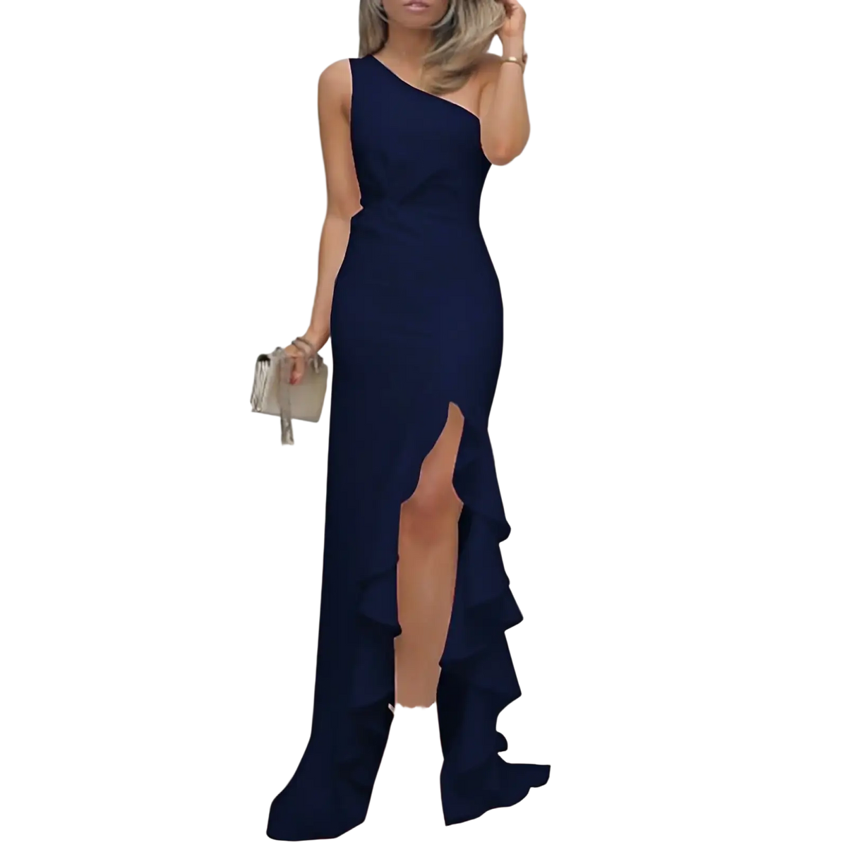 A navy blue one-shoulder floor-length evening gown with high slit and ruffled hem for formal occasions