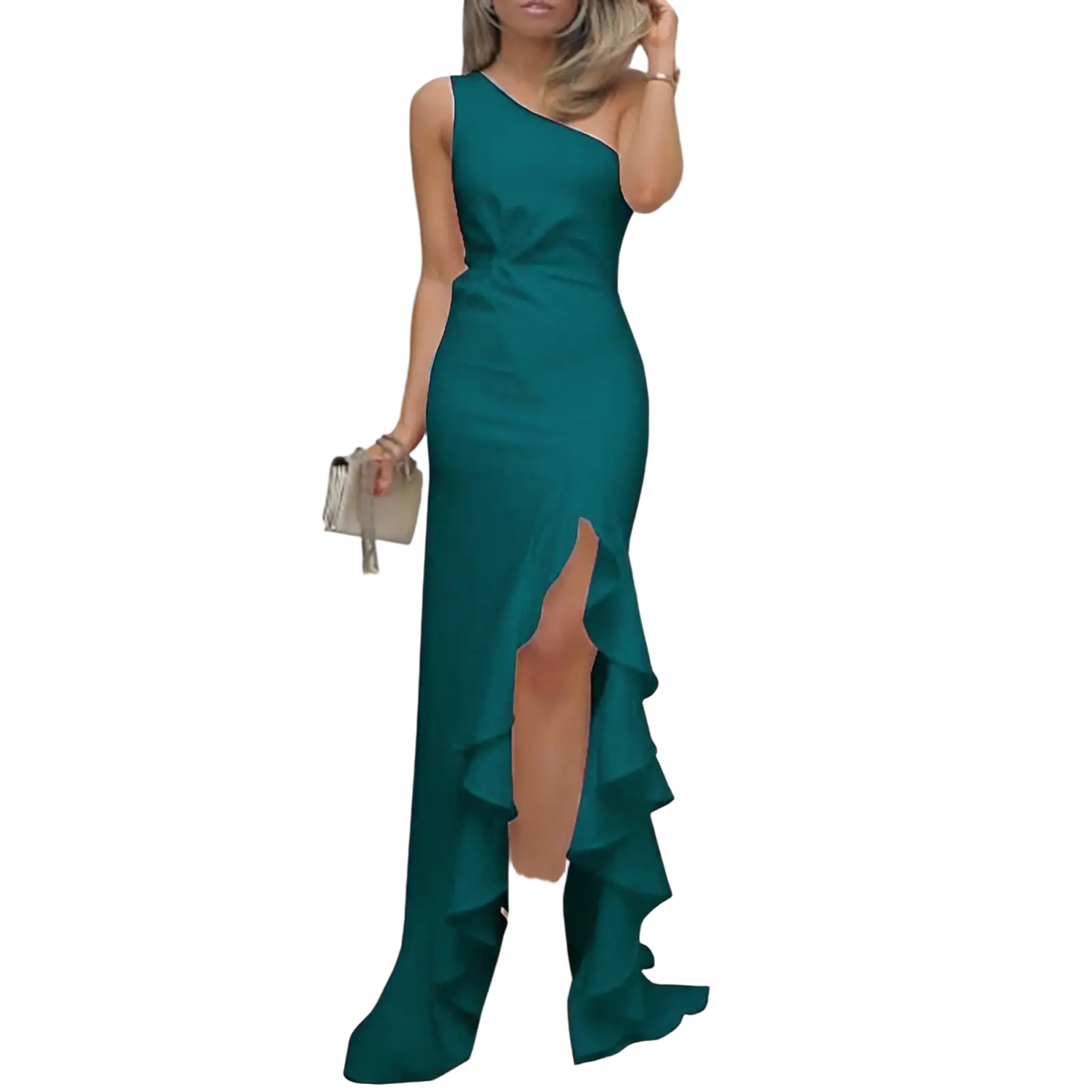 Emerald green one shoulder floor length evening gown with high slit and ruffled hem for formal events