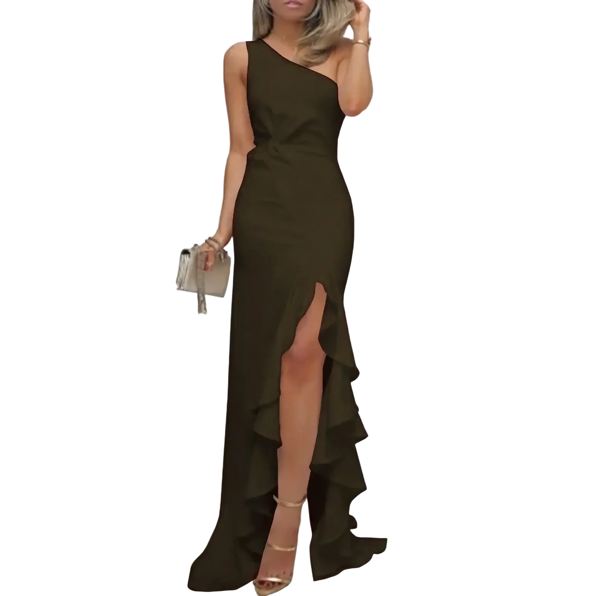 Olive green one shoulder floor-length evening gown with high slit and ruffled hem for formal occasions