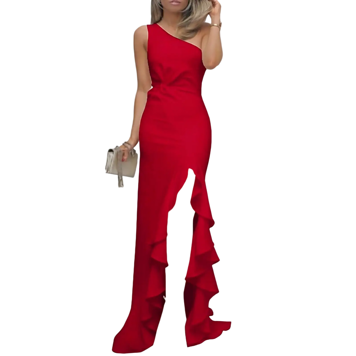 A vibrant red one shoulder floor-length evening gown with a high slit and ruffled hem for formal occasions