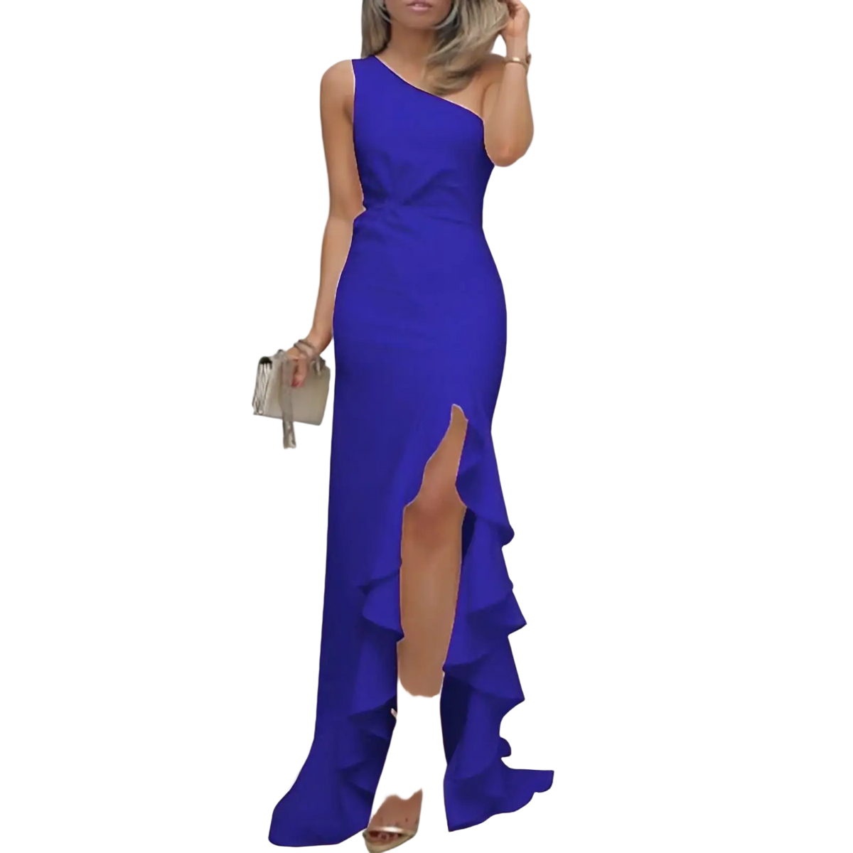 A vibrant royal blue one-shoulder maxi dress with a high slit and ruffled hemline perfect for evening wear