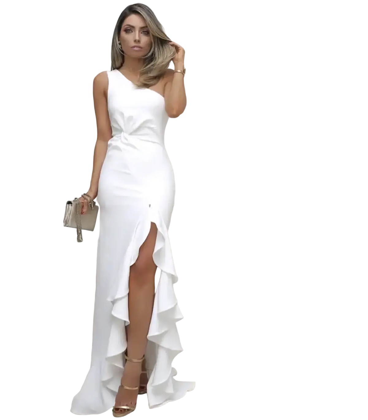White one-shoulder evening gown with high slit and ruffled hemline, elegant formal wear for special occasions