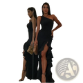 Black one-shoulder evening gown featuring ruffled hem and high slit perfect for formal occasions