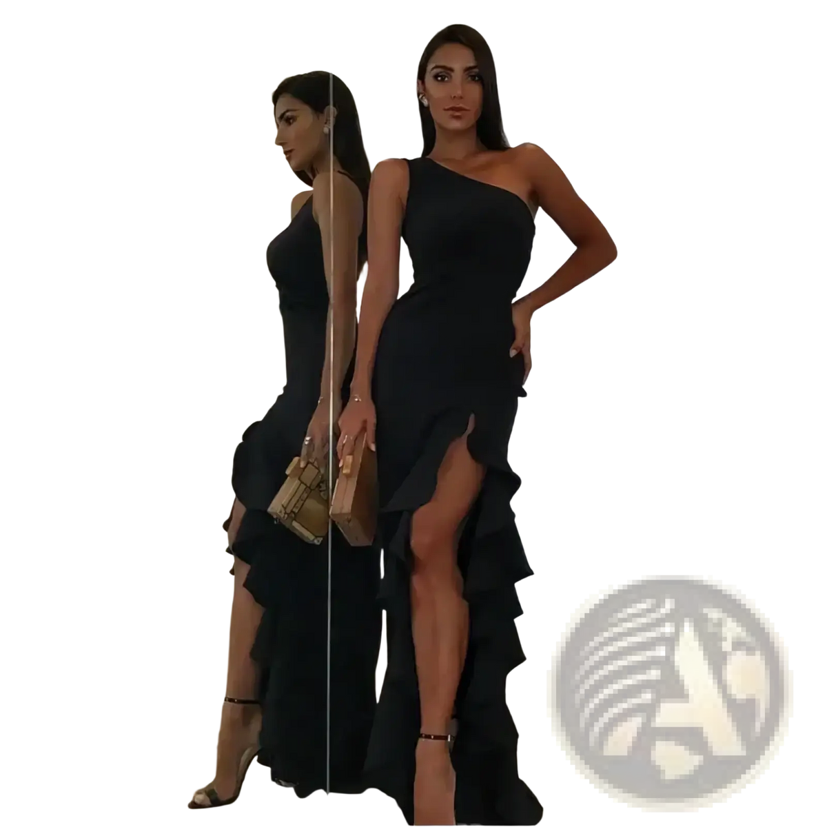 Black one-shoulder evening gown featuring ruffled hem and high slit perfect for formal occasions
