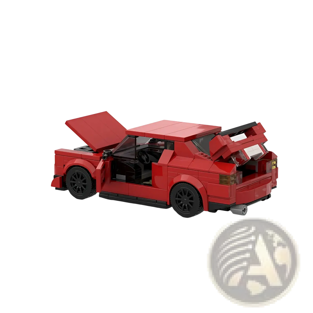 Red sports car building block set m10386 with open doors and hood showcasing black wheels and detailed interior