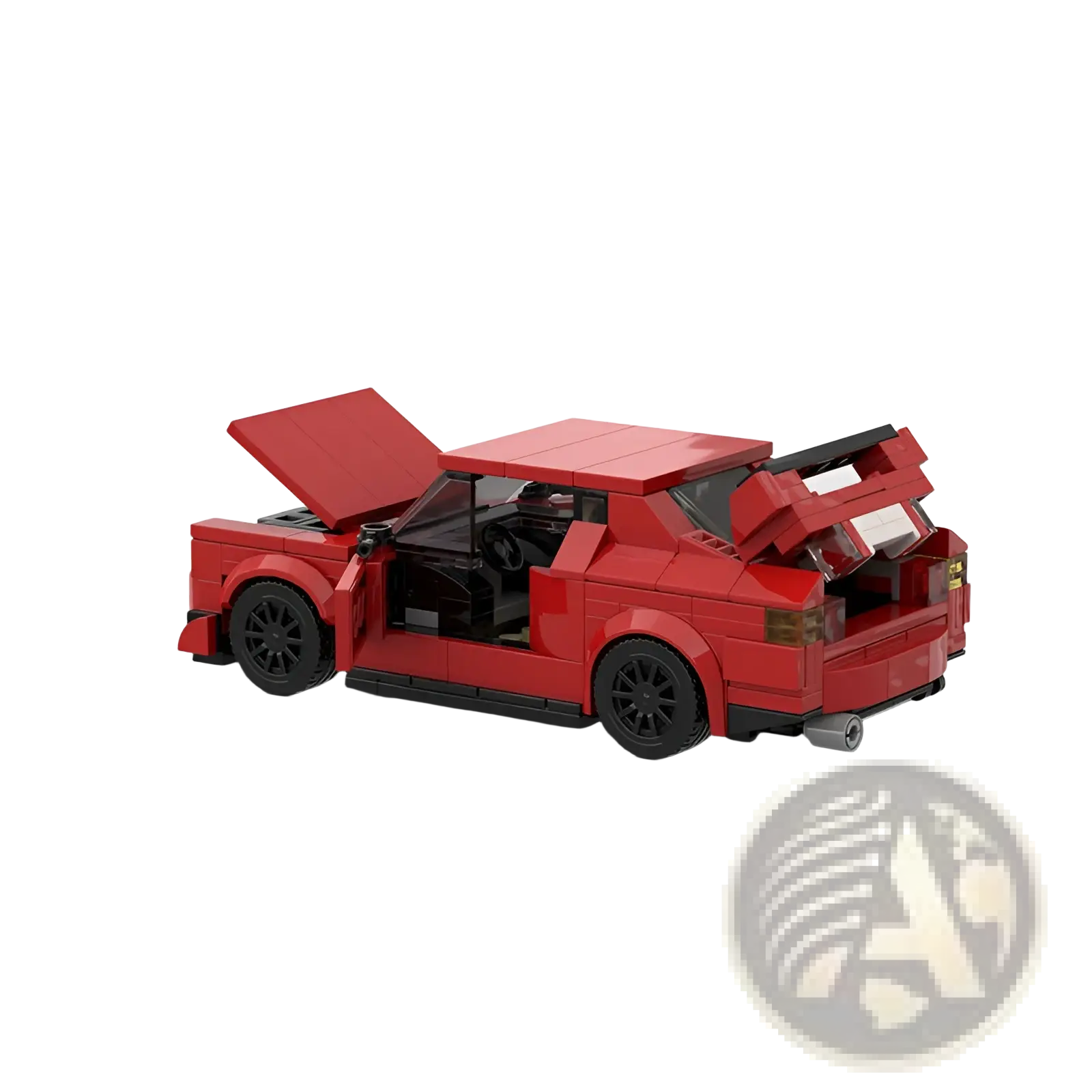 Red sports car building block set m10386 with open doors and hood showcasing black wheels and detailed interior
