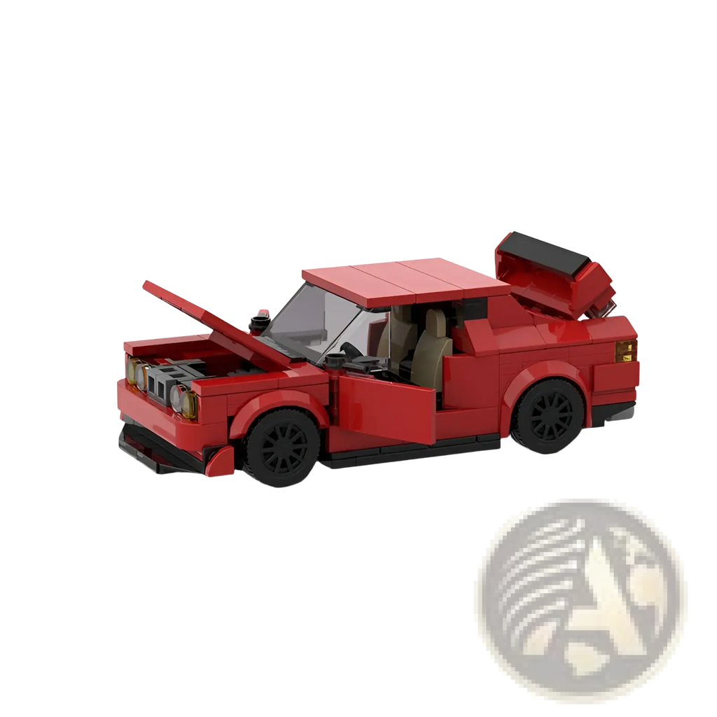 Red sports car building block set m10386 with open hood and doors featuring black wheels and detailed interior