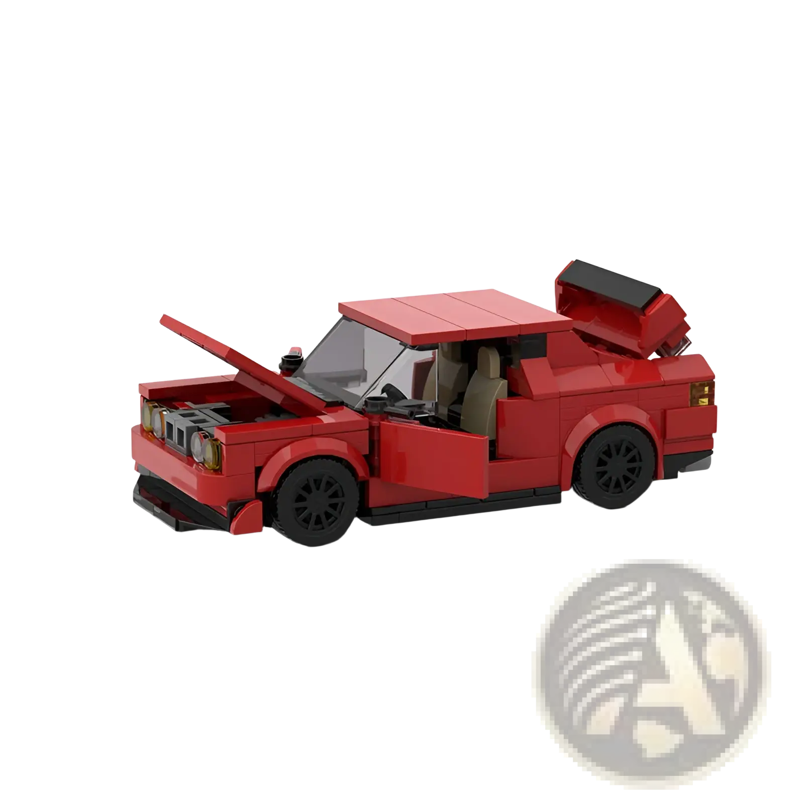 Red sports car building block set m10386 with open hood and doors featuring black wheels and detailed interior