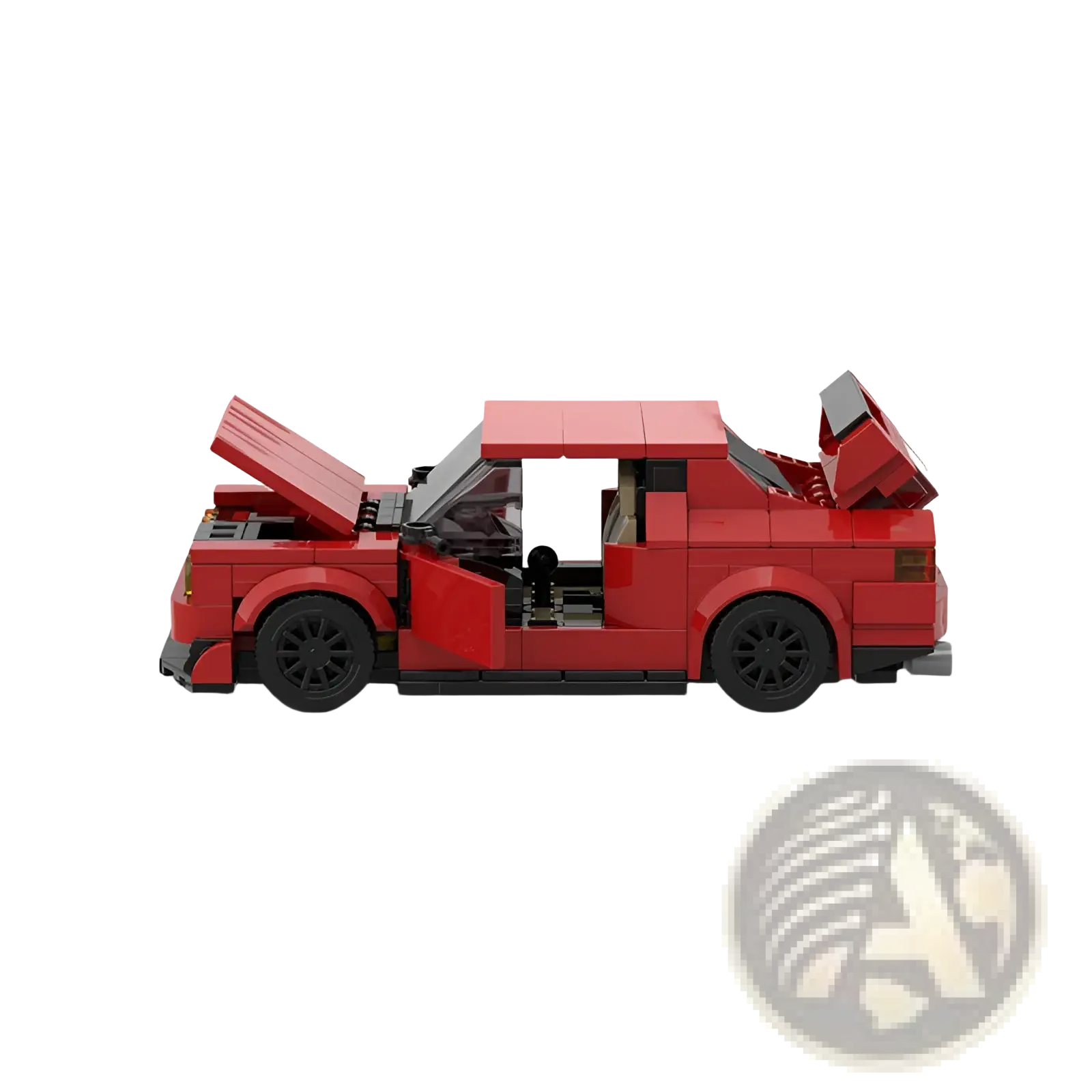 Red sports car building block set m10386 with red technic model, black wheels, and open doors