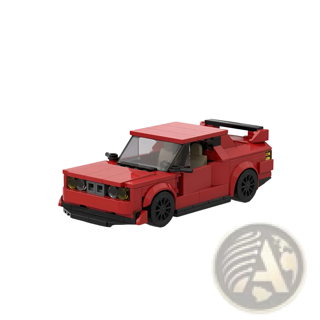 Red sports car building block set m10386 featuring a red lego brick model with black wheels and rear spoiler