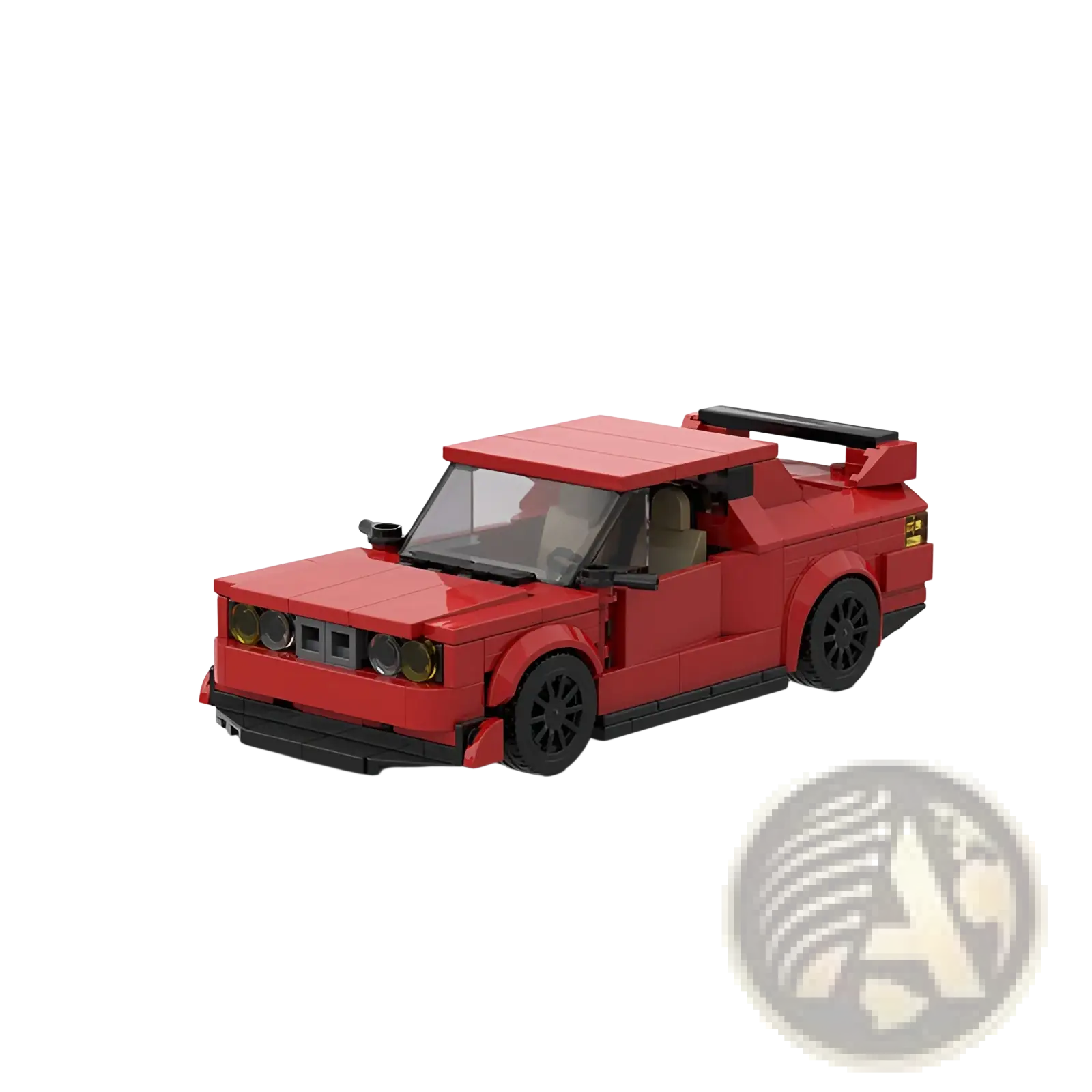 Red sports car building block set m10386 featuring a red lego brick model with black wheels and rear spoiler