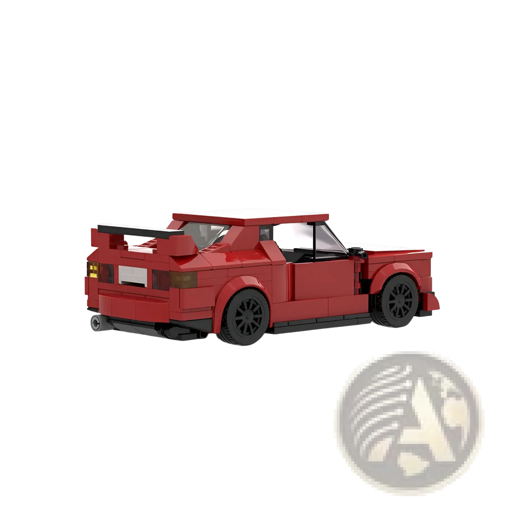 Red sports car building block set M10386 featuring a red lego model with black wheels and a spoiler
