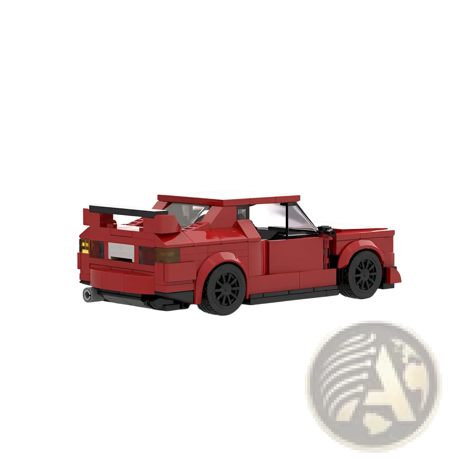 Red sports car building block set M10386 featuring a red lego model with black wheels and a spoiler