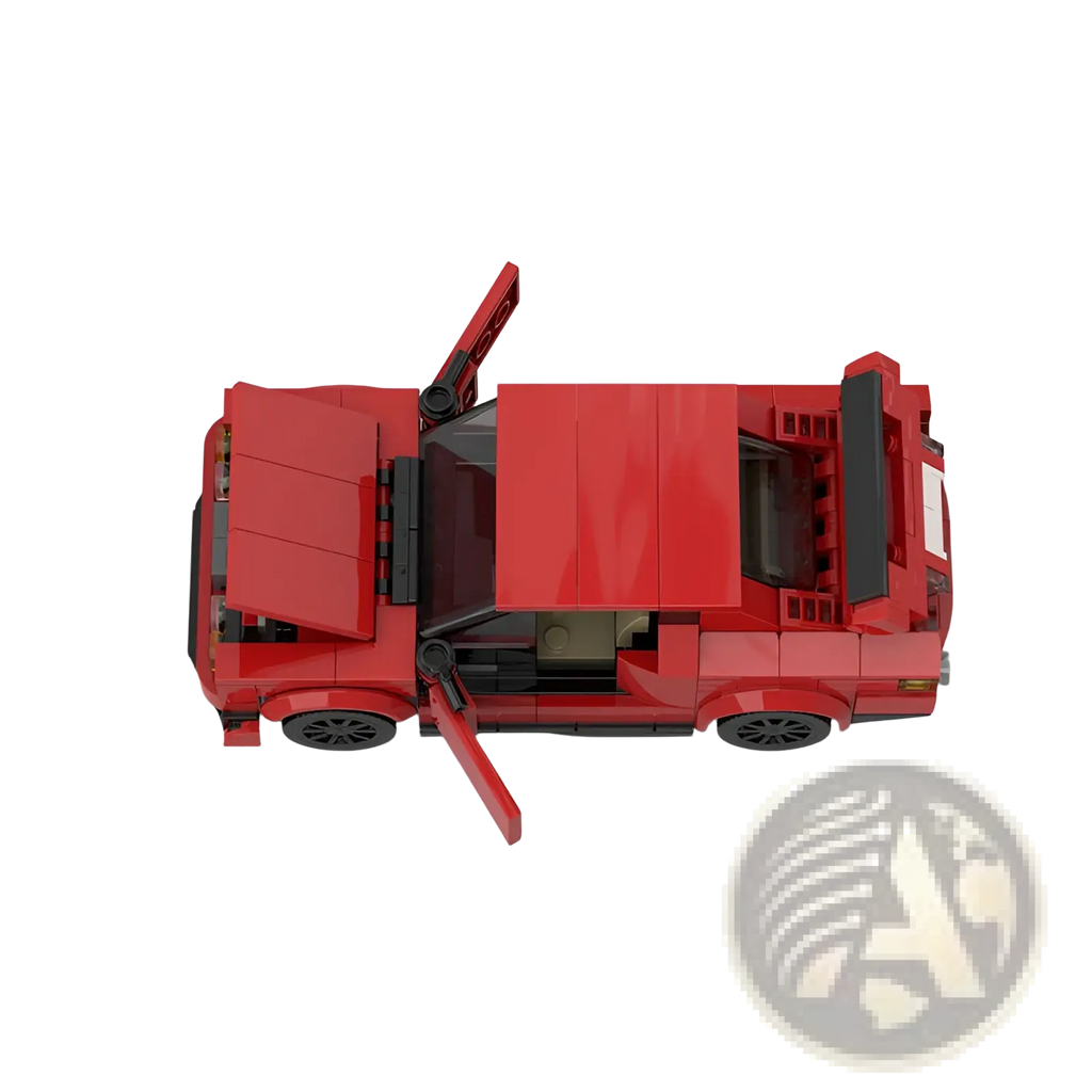 Red lego technic sports car model with open doors and hood from building block set M10386
