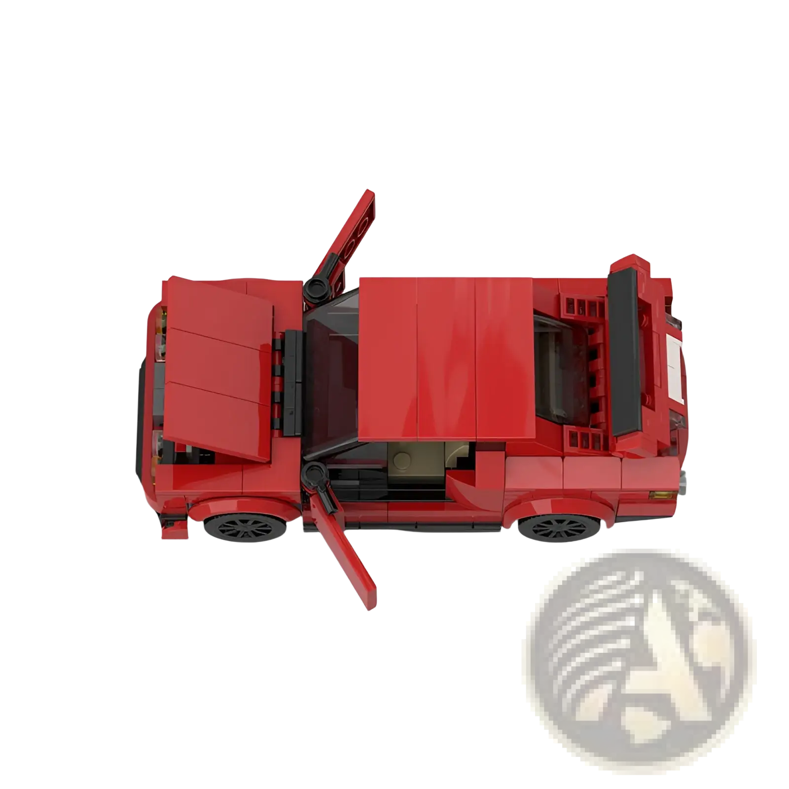 Red lego technic sports car model with open doors and hood from building block set M10386